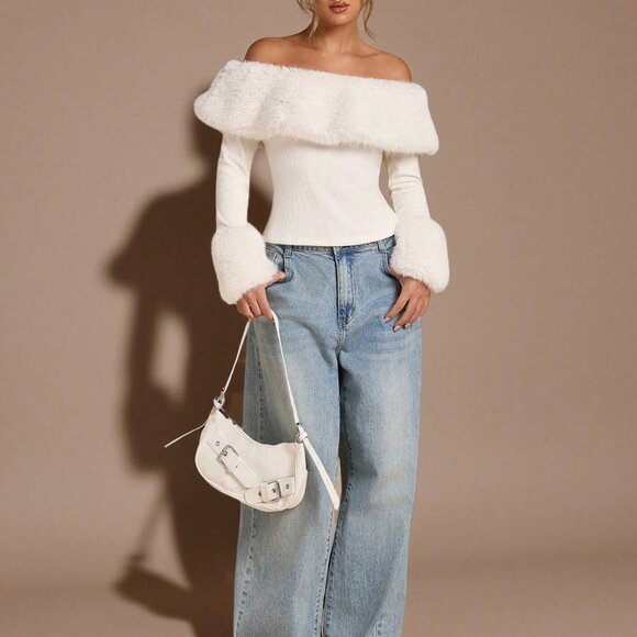 Women's Casual Off Shoulder Fuzzy faux fur detailed  Sweater Top - Picture 7 of 7